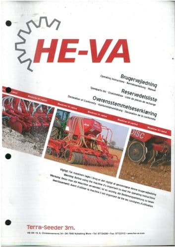 He-Va Seed Drill Terra Seeder 3m 4m 5m 6m plus Seed Controller Unit Operators Manual with Parts List