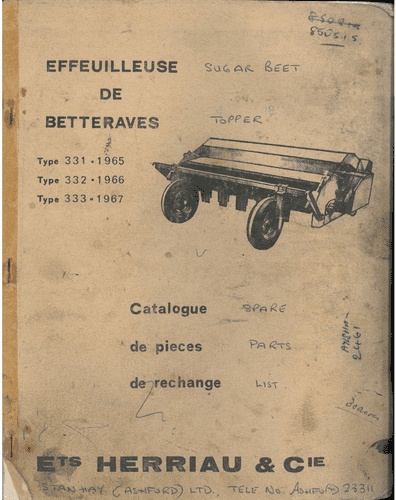 Herriau Sugar Beet TopperType 331 332 & 333 Parts Manual