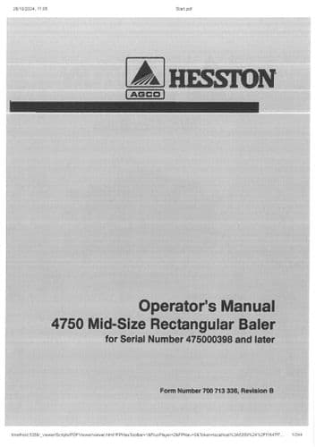 Hesston Rectangular Baler Mid Sized 4750 Operators Manual