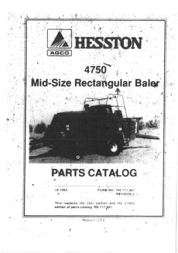 Hesston Rectangular Baler Mid Sized 4750 Parts Manual