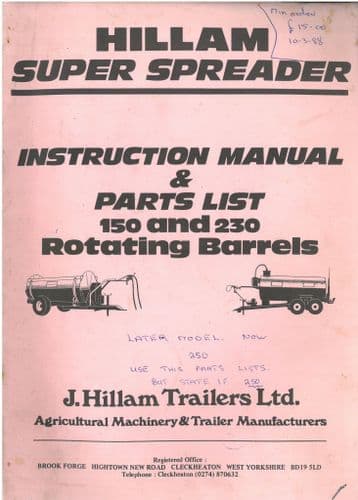 Hillam Super Spreader Manure Model 150 & 230 Rotating Barrels Operators Manual with Parts List