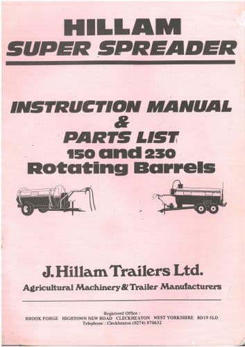 Hillman Super Spreader Slurry Tanker 150 230 Rotating Barrels Operators Manual & Parts List