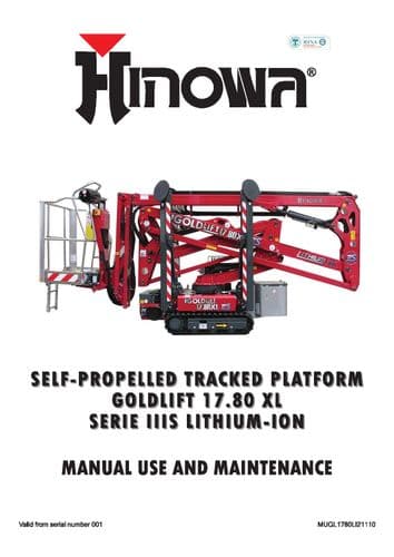Hinowa Self-Propelled Tracked Platform Goldlift 17.80XL Series IIIS Operators and Maintenance Manual