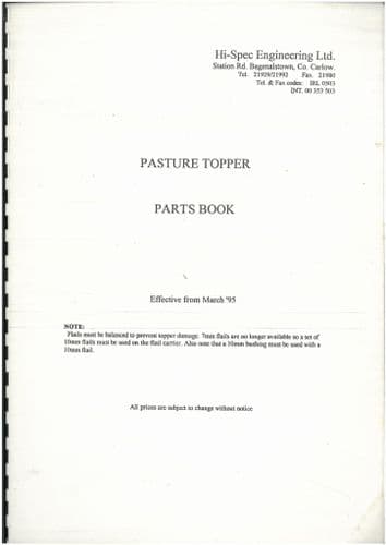 HiSpec Pasture Topper T8G M9 T8 M6 & Mounted Disc Topper Parts Manual