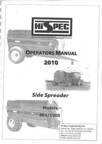 HiSPEC Slurry Tanker Side Spreader 800 & 1000 - 2010 Operators Manual