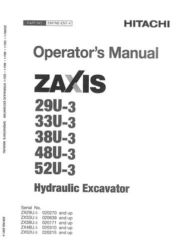 Hitachi Excavator Zaxis 29U-3 33U-3 38U-3 48U-3 52U-3 Operator Manual