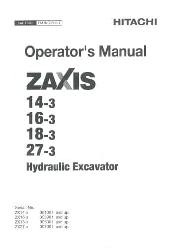 Hitachi Excavator Zaxis ZX14-3 ZX16-3 ZX18-3 ZX27-3 Operator Manual