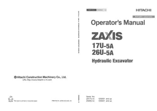 Hitachi Hydraulic Excavator Zaxis 17U-5A 26U-5A Operators Manual