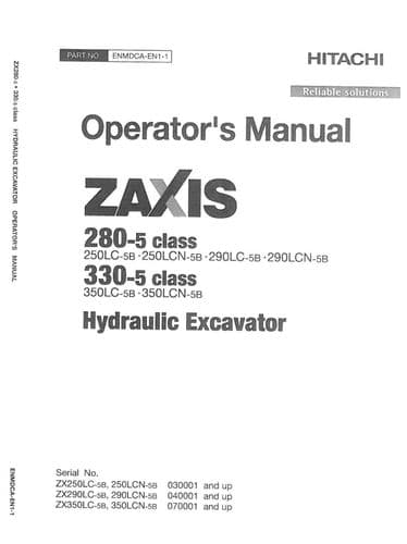 Hitachi Hydraulic  Excavator Zaxis 280-5 Class & 330-5 Class Operator Manual