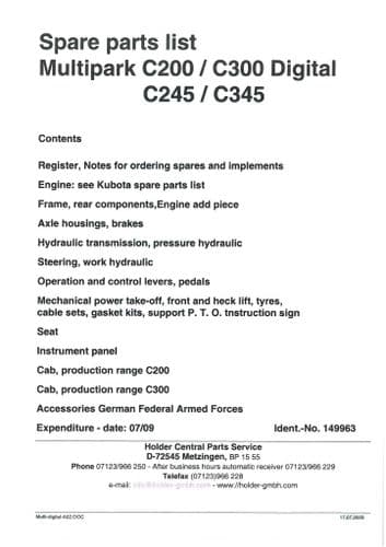Holder Multipark C220 C230 C340 C2.34 C2.42 C330 C340 C3.42 Parts Manual