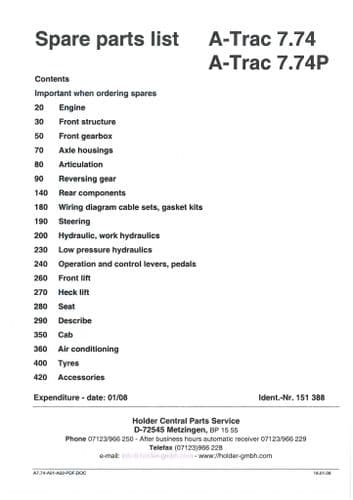 Holder Tractor A7.74 Parts Manual