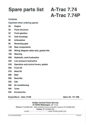Holder Tractor A7.74 Parts Manual