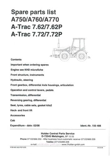 Holder Tractor A750 A760 A770 A-Trac 7.62 7.62P 7.72 7.72P Parts Manual