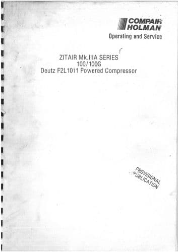 Holman Compair Zitair Mk.IIIA Series 100/100G Portable Air Compressor Operators Manual