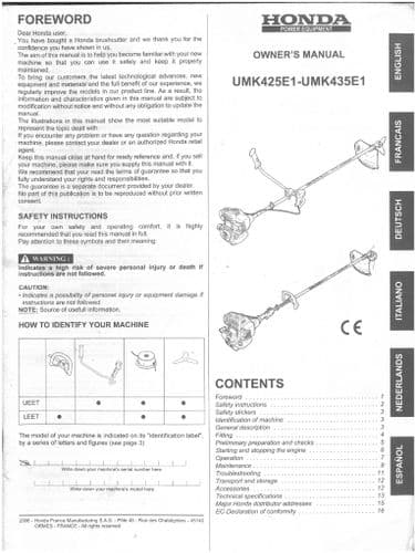 Honda Brush Cutter UMK425E1 & UMK435E1 Operators Manual