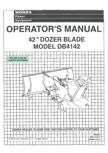 Honda Dozer Blade 42 Inch Model DB4142 for HA4118H38A HA4120H48A Lawn Mower Operators Manual