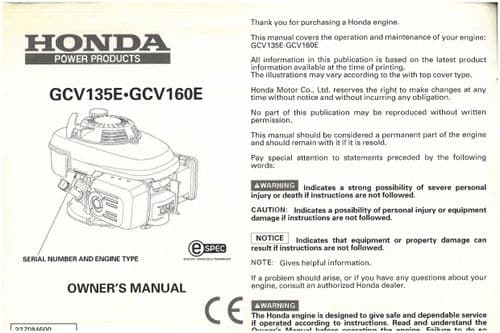 Honda Engine GCV135E GCV160E Operators Manual - ORIGINAL
