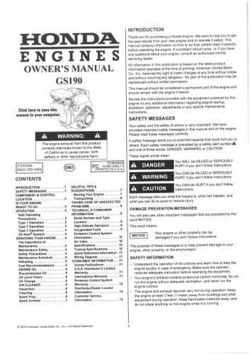 Honda Engine GS190 Operators Manual