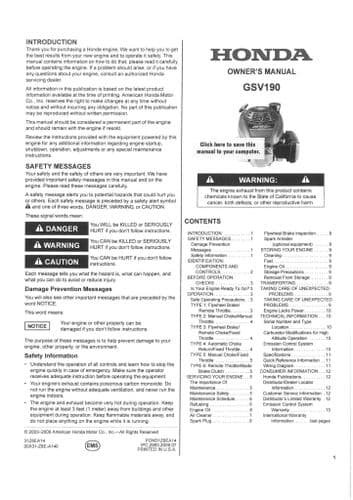 Honda Engine GSV190 Operators Manual