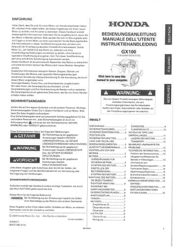 Honda Engine GX100 ** Dutch,Italian and German ** Operators Manual