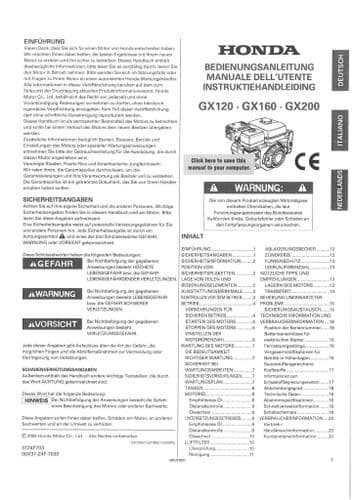 Honda Engine GX120 GX160 GX200 ** Dutch,Italian and German ** Operators Manual