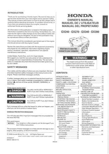 Honda Engine GX240 GX270 GX340 GX390 Operators Manual