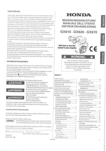 Honda Engine GX610 GX620 GX670 ** Dutch,Italian and German ** Operators Manual