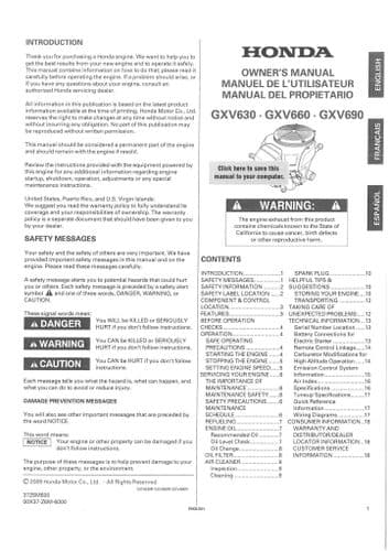 Honda Engine GXV630 GXV660 GXV690 Operators Manual