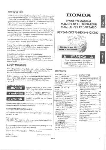 Honda Engine IGX240 IGX270 IGX340 IGX390 Operators Manual