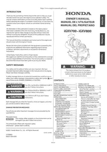 Honda Engine iGXV700 & iGXV800 Operators Manual