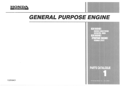 Honda General Purpose Engine GX160K1 Parts Manual