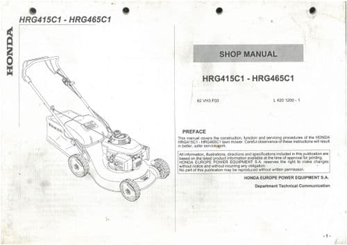 Honda Lawn Mower HRG415C1 HRG465C1 - Workshop  Manual