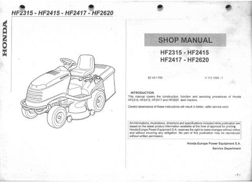 Honda Lawn Tractor HF2315 HF2415 HF2417 HF2620 - Workshop  Manual