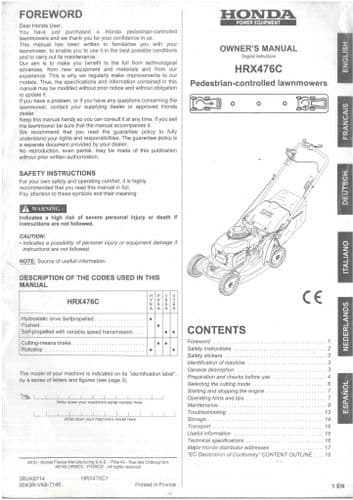 Honda Pedestrian Lawn Mower HRX476 Operators Manual