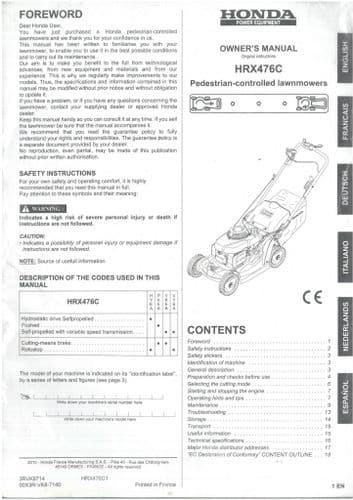 Honda Pedestrian Lawn Mower HRX476 Operators Manual
