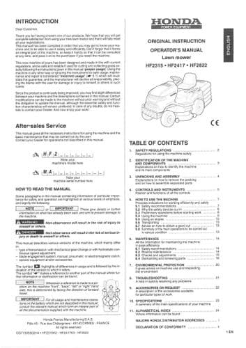 Honda Ride On Lawn Mower HF2315 HF2417 HF2622 Operators Manual