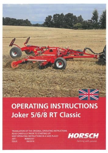 Horsch Disc Harrow Joker 5RT 6RT 8RT Classic Operators Manual