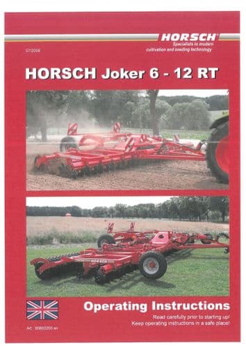 Horsch Disc Harrow Joker 6RT 8RT 12RT Operators Manual