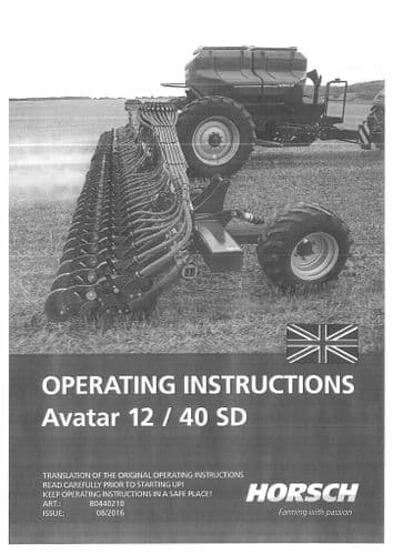 Horsch Disc Seed Drill Avatar 12SD 40SD Operators Manual