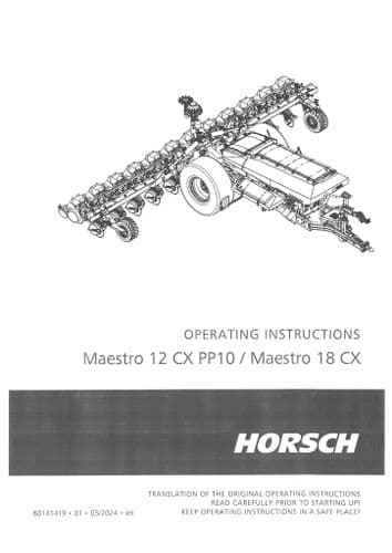 Horsch Seed Drill Maestro 12CX PP10 Maestro 18CX Operators Manual