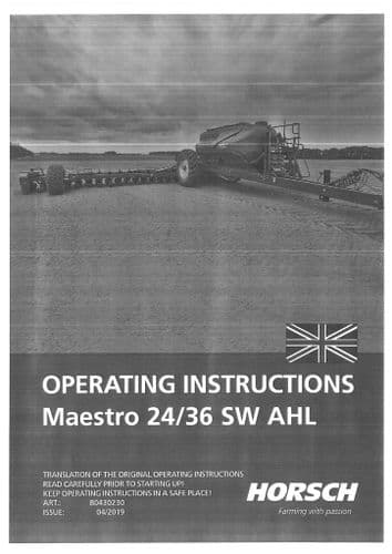 Horsch Seed Drill Maestro 24SW 36SW AHL Operators Manual