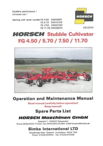 Horsch Stubble Cultivators FG4.50 FG5.70 FG7.50 FG11.70 Operators Manual & Parts List