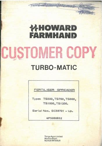 Howard Farmhand Fertiliser Spreader Turbo-Matic TS500 TS700 TS800 TS1000 TS1200 Operators Manual