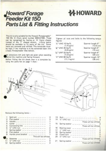 Howard Forage Feeder Kit for the Rotaspreader 150 Mk III Parts Manual and Fitting Instructions
