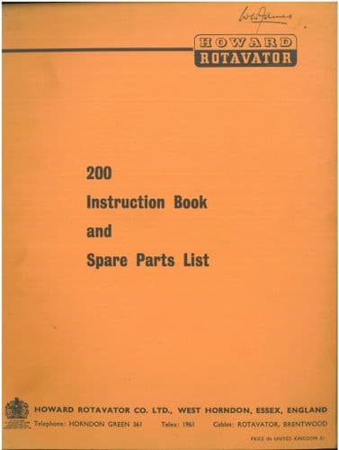 Howard Rotavator 200 - Operators Manual and Spare Parts List