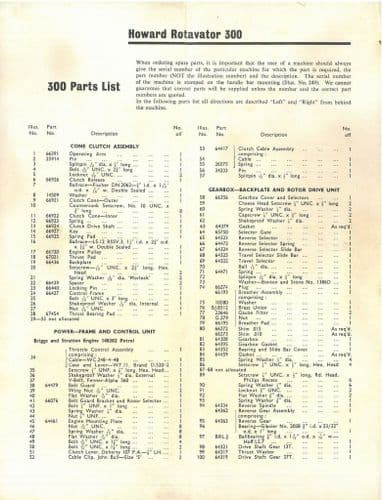 Howard Rotavator 300 Parts List