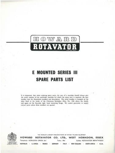 Howard Rotavator E Mounted Series III Parts Manual