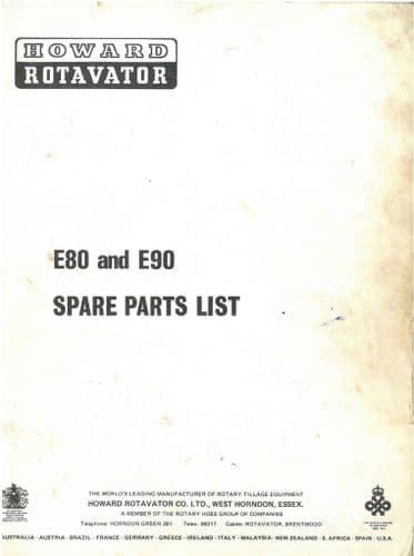 Howard Rotavator E80 and E90 Parts Manual - ORIGINAL
