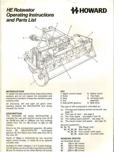 Howard Rotavator HE 50 60 70 80 90 Operators Manual with Parts List
