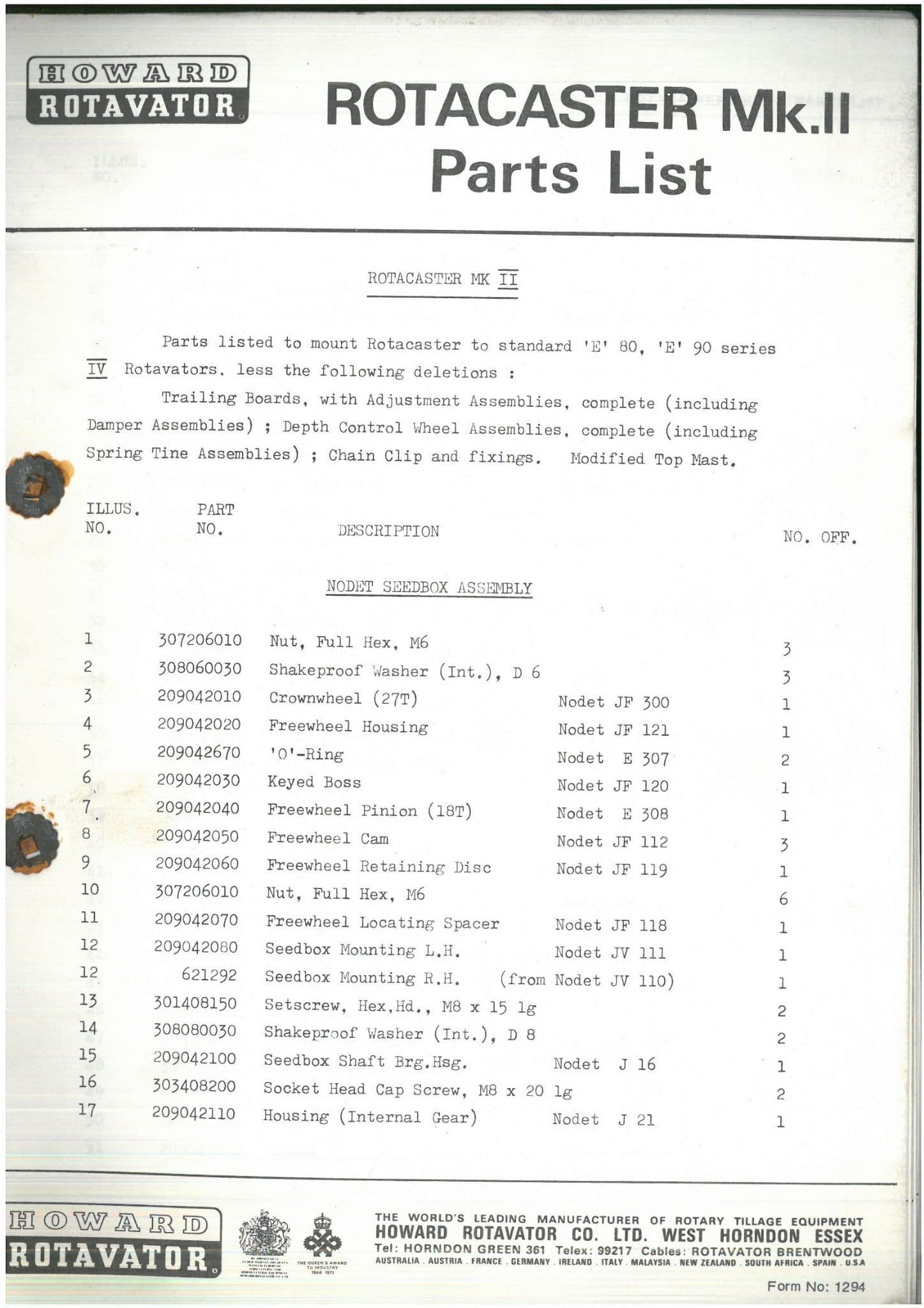 Howard Rotavator Rotacaster MkII E80 E90 Series IV Parts Manual ORIGINAL